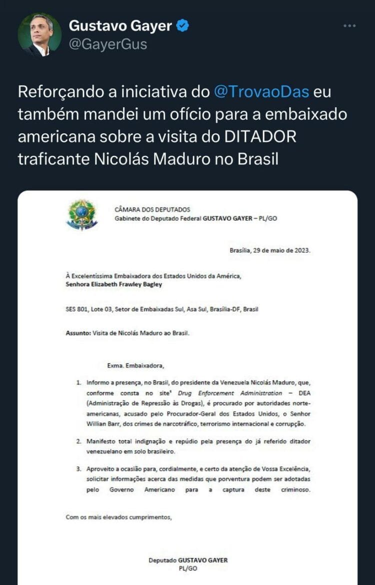 Gustavo Gayer aciona EUA e pede captura de Nicolás Maduro no Brasil