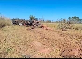 Caminhão carregado de laranjas capota e resulta em duas vítimas fatais