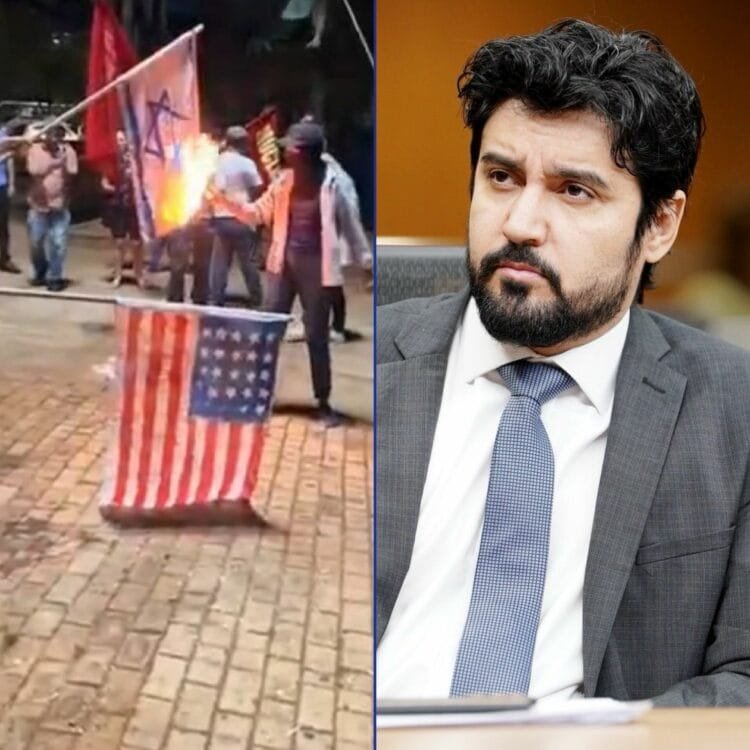 Exclusivo: Fred Rodrigues envia vídeo de manifestantes que queimaram bandeiras de Israel e dos Estados Unidos para embaixadas. Deputado do PT estava presente