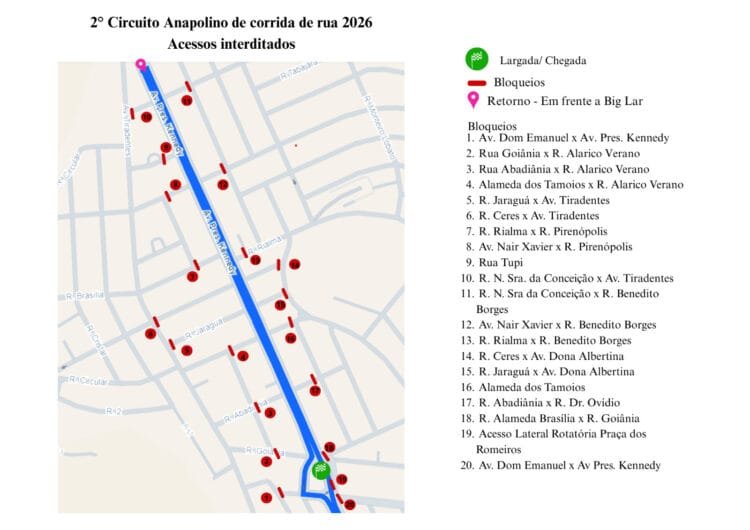 Saiba quais vias serão interditadas para realização da 2ª etapa do 15º Circuito Anapolino de Corrida de Rua, neste domingo (26)